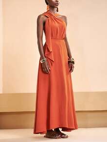 Zivah New Spring/Summer New Arrival, Suitable For Birthday Parties, Graduation Season, Everyday Outings, Versatile Casual Vacations, Cruise Travel, Beach Sunbathing, Online Bestseller, Christmas, Casual And Elegant, Linen-Feel Crinkled Halter Neck Women's Jumpsuit Elegant Dress - Brown - View 3