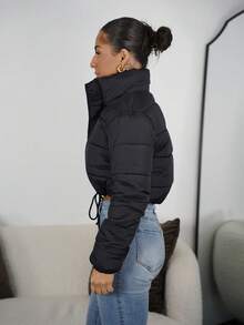 SAYEHFBABY Sexy Zip Up Drawstring Crop Padded Coat In Fall/Winter - Black - View 5