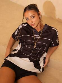 juhmazzocco 女款春夏 Y2K 街头风复古透气网眼图案足球 T 恤 - 黑色 - 查看 6