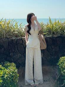 DAZY Women's French Retro Hollow Out Embroidery Design Lightweight Chiffon Blouse And High Waist Pants 2 Pieces Set - Apricot - View 10