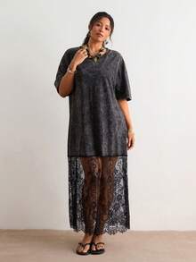 Freevana 波西米亚复古新款深色系做旧T恤连衣裙+蕾丝拼接连衣裙，休闲度假音乐节女式长裙 - 黑色 - 查看 3