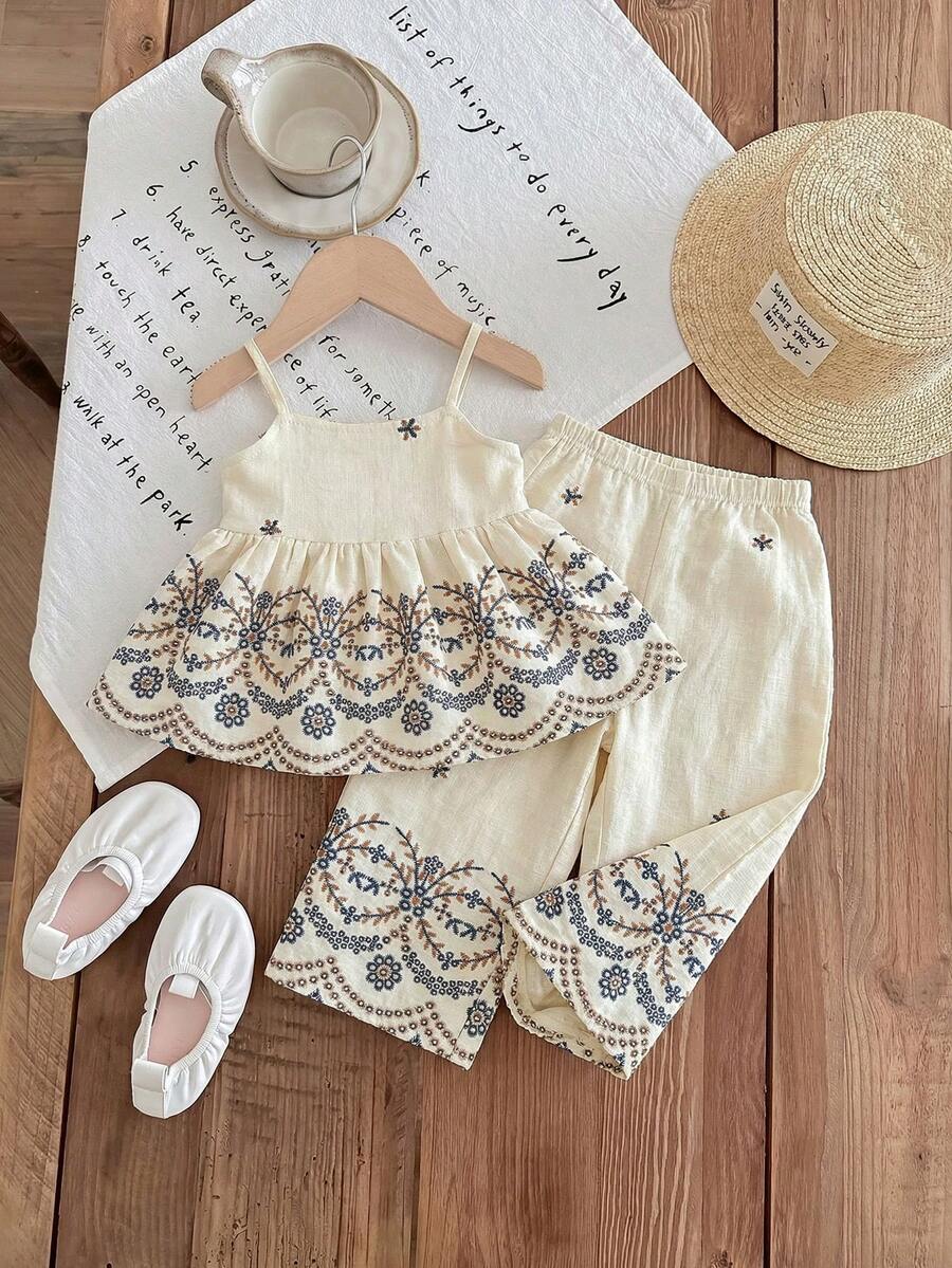 SHEIN 2件套女婴碎花吊带背心和长裤套装 - 彩色 - 查看 1