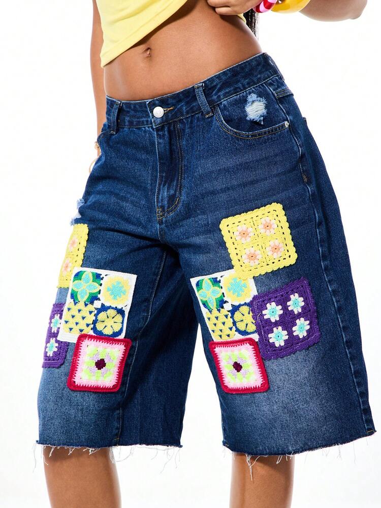 SUMWON Oversized Denim Shorts With Colorful Crochet Patches And Distressed Raw Hem For Summer Casual Wear