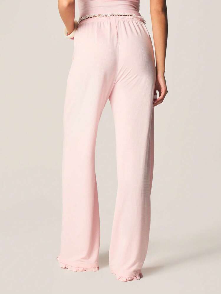 MISSGUIDED Ruffle Trim Wide Leg Palazzo Pants With Drawstring Waist And Decorative Waistband Detail