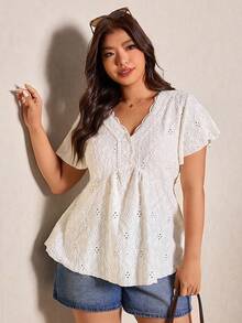 Elaquor 大码扎染花卉V领蕾丝拼接纹理女式T恤 - 米色 - 查看 4