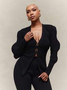 Vixey Wavy Shaped Sleeve Large Gold Button Split Hem Knit Cardigan - Black - View 1