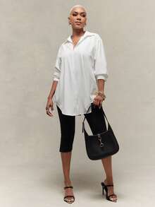 Vixey Self Tie Open Back Pointed Collar Long Sleeve Oversized Shirt - Beige - View 2