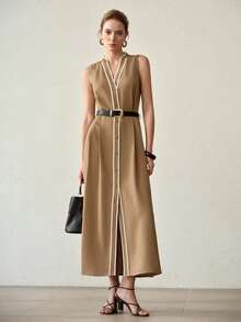 MOTF PREMIUM Đầm dài nữ cài cúc phía trước, thắt lưng, viền tương phản. - Màu Khaki - Xem 7