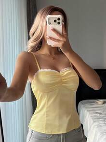 DAZY Satin Lace Patchwork Ruched Bust Design Camisole Top With Built-In Padded Bra For Women - Yellow - View 6
