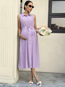 MaterniWear Maternity Single-Breasted Casual Waist Tie Sleeveless Shirt Dress - Purple - View 4