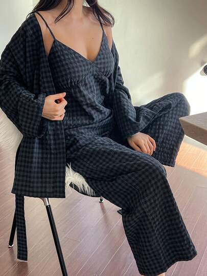 DAZY 3件套格子睡袍、吊带背心和裤子女士睡衣套装