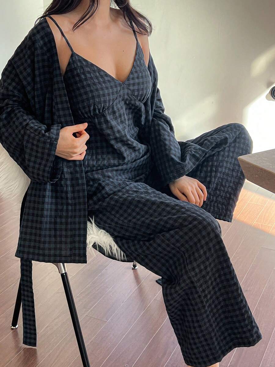 DAZY 3件套格子睡袍、吊带背心和裤子女士睡衣套装 - 藏蓝色 - 查看 1