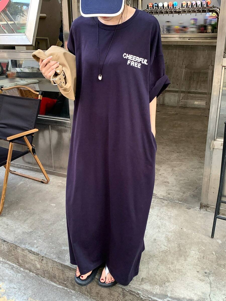 DAZY 女士宽松字母印花短袖长款连衣裙，休闲度假街头风夏季连衣裙 - 藏蓝色 - 查看 1