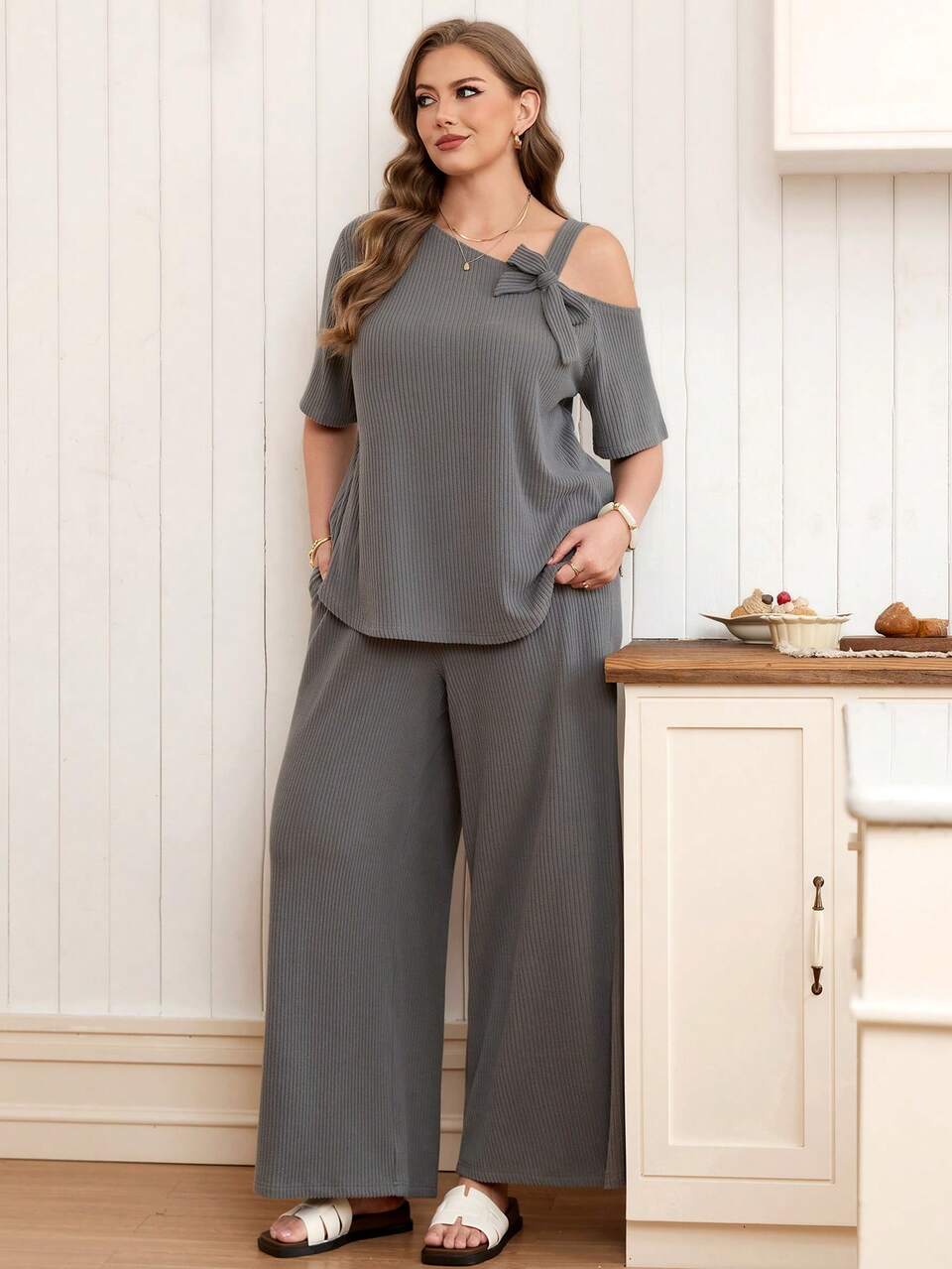 Plus Size Women 2 Pieces Set,Grey,Summer,Smart Casual,Everyday Solid Asymmetrical Shoulder Bow Blouse & Wide Leg Pants Plus Clothing Lounge Outfits
