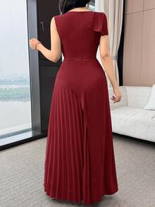 Feyla 女士纯色V领裹身优雅无袖连衣裙 - 酒紅色 - 查看 2