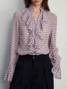 Aveloria Modichic Elegant Oversized Paisley & Cashew Flower Print Chiffon Layered Ruffle Collar Front Button Blouse, Vintage Style For Women - Purple - View 4