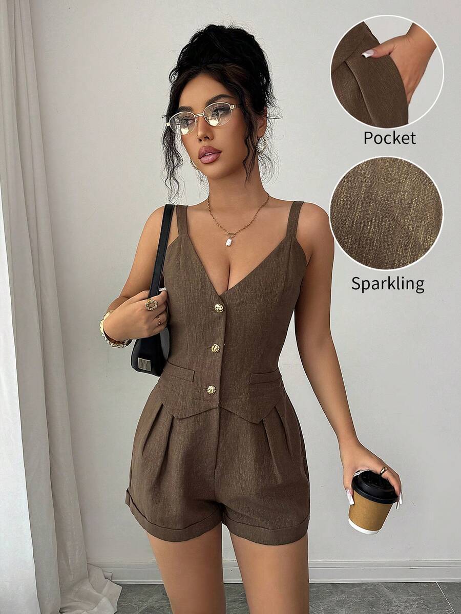 Selianne Women's Summer New V-Neck Camisole Front Buckle 2 In 1 Jumpsuit - Coffee Brown - View 1