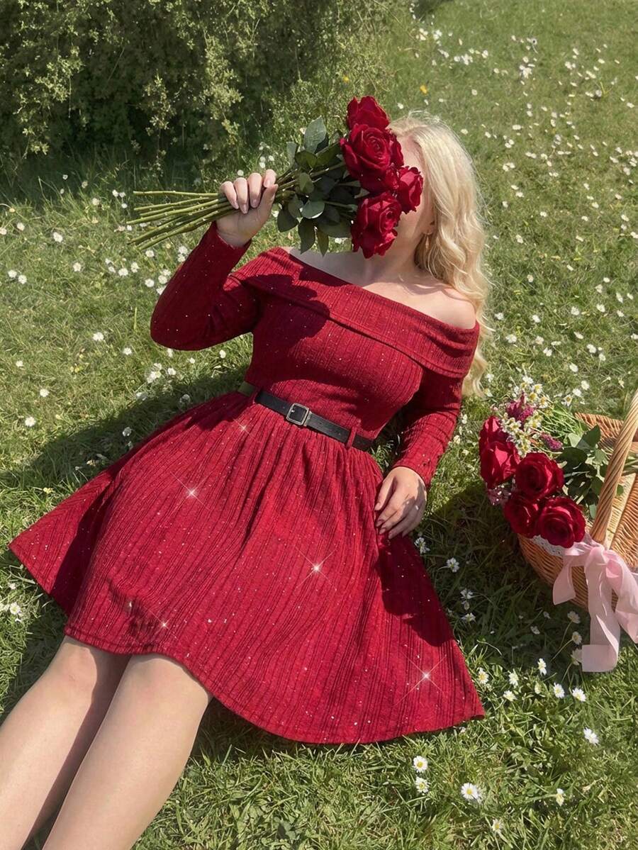 SHEIN MOD 1件加大码女式露肩亮片长袖时尚连衣裙 - 紅色 - 查看 1