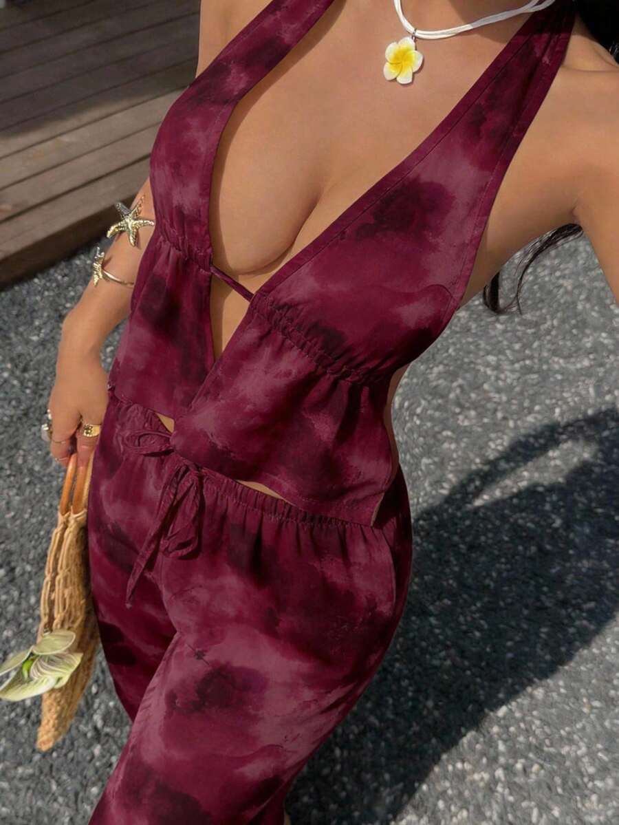 SHEIN EZwear 休闲简约度假波西米亚风优雅浪漫复古渐变印花图案，适合音乐节、派对、海滩、度假穿着，女士系带吊带背心和抽绳阔腿裤两件套 - 彩色 - 查看 1