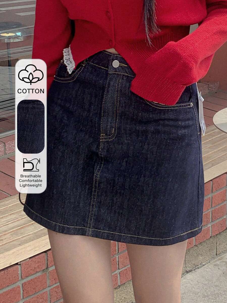 DAZY Chân váy denim ngắn nữ màu trơn, túi xéo, kiểu dáng thường ngày, đa năng. - Rửa tối - Xem 1