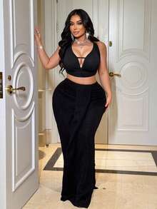 NU&NOW Plus Size Backless Halter Neck Sexy Top And Long Skirt 2 Pieces Set - Black - View 1
