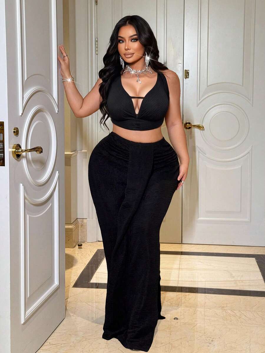 NU&NOW Plus Size Backless Halter Neck Sexy Top And Long Skirt 2 Pieces Set - Black - View 1