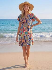 Sylviya Summer Casual Short Sleeve Dress With All-Over Print, V-Neck And Batwing Sleeves - Blue - View 3