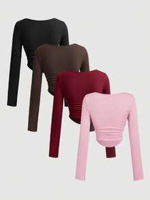 SHEIN MOD 4件套女士褶皱休闲方领长袖T恤套装，保暖衣物，秋季，外出上衣，假日，新年，纯色长袖露脐上衣，女士休闲针织多色常规下摆 - 彩色 - 查看 2