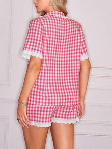 情人节可爱格子印花蕾丝拼接女士睡衣套装 - 彩色 - 查看 2