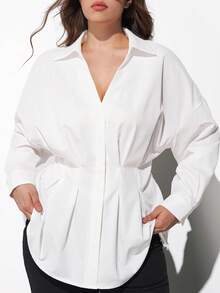 Maija 2026新款早春撞色长袖V领收腰女式衬衫，大码设计，适合现代都市派对、返校季、日常休闲简约风、波西米亚风、度假、假日、春季复活节夏季派对上衣、海滩度假、各种夏季外出、毕业典礼等场合。 - 白色 - 查看 6