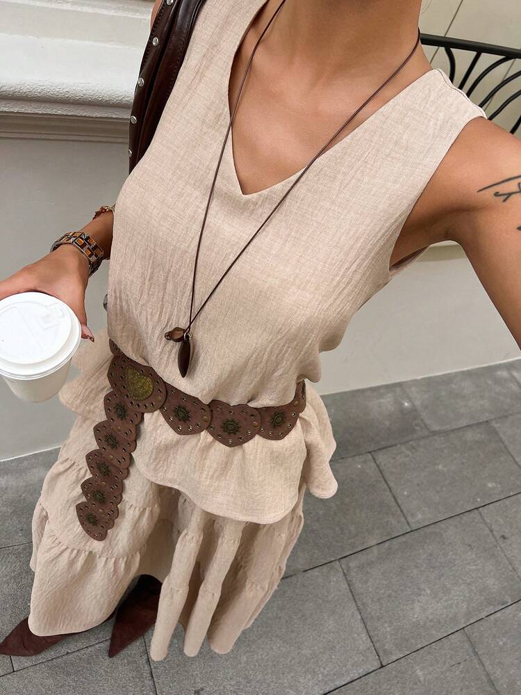 Women's Summer Casual Bohemian Vacation Style V-Neck Sleeveless Tiered Hem Dress Sun Dresses For Women