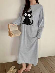 Dazy Plus Cartoon Cat Print Pattern Loose Round Neck Straight T-Shirt Style Sleepwear, Spring/Autumn - Grey - View 2