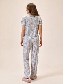 Loomlin Tropical Flamingo Vibe Pajama Set – Short Sleeve & Full-Length Bottoms - Pink - View 2