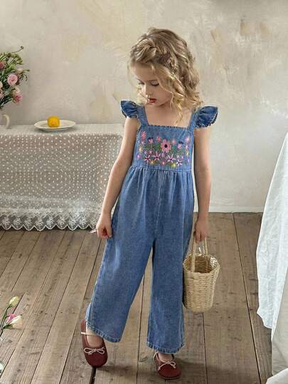 LMoss Kids Mono vaquero holgado con bordado floral para niña