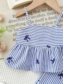 LMoss Kids Baby Girl Casual Vacation Fashion Slim Fit Comfortable Woven Blue Striped Camisole With Ruffled Hem Top And Wide-Leg Pants Set Matching Outfits Summer Toddler Girl Toddler Girl Stripe Outfit Toddler Girl Stripe - Blue - View 5