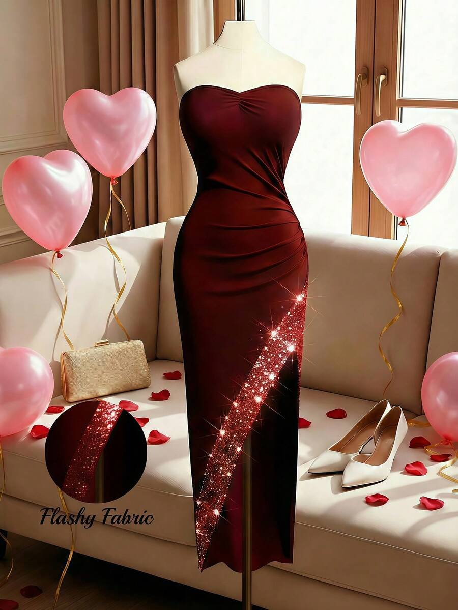 Franclia Women's Sequin Patchwork Pleated Strapless Luxurious Sexy Dress - Burgundy - View 1