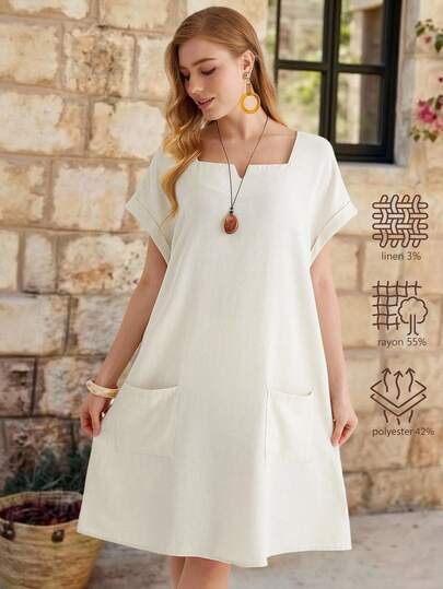 Parysyn 大码女式纯色蝙蝠袖宽松口袋休闲连衣裙，夏季