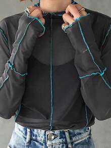 FRIFUL 女士荷叶边圆领长袖网纱透视休闲衬衫 - 灰色 - 查看 7