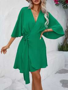 Breezaya Solid Batwing Sleeve Wrap Knot Side Dress Vacation Beach Outfits Women - Green - View 5