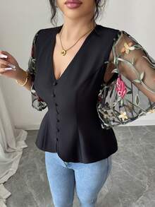 Elenzga Women's V-Neck Button Design Floral Embroidery Mesh Ruffle Trim Elegant Blouse - Black - View 4