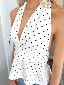 Sydney Algeri Women's Halter Deep V-Neck Ruched A-Line Backless Polka Dot Camisole - White - View 3