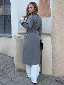 Jeta Ari Loose Lapel Double-Breasted Long Sleeve Plaid Patchwork Women Trench Coat - Grey - View 2