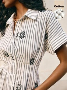 Poéselle Áo sơ mi nữ mùa hè kiểu dáng thường ngày, kẻ sọc, thêu hoa, cài cúc phía trước. - Nhiều màu - Xem 2