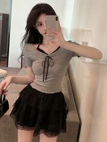 DAZY 女士二合一露背系带蝴蝶结短袖T恤 - 灰色 - 查看 4