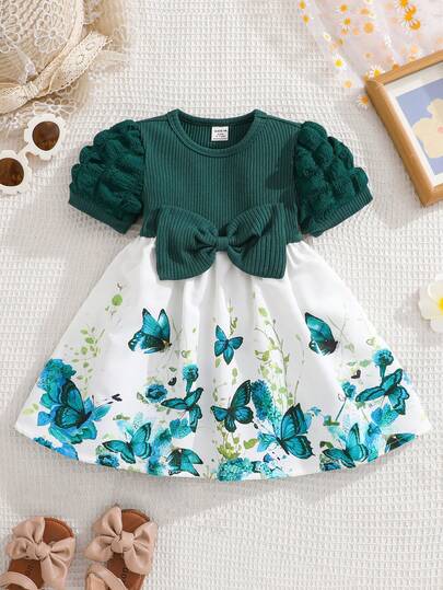 SHEIN Baby Girls' Fashion Ribbed Patchwork Butterfly Print Bow Decor Dress