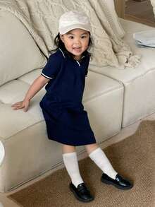 DAZY Toddler Girls' Korean Style Collared Short Sleeve Dress - Blue - View 6