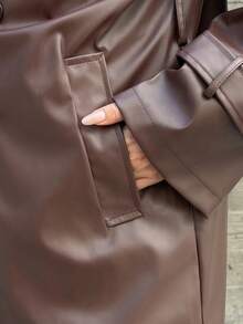 Kuleshova Women Fashion Street Chic PU Leather Lapel Collar Double Breasted Belted Long Trench Coat Fall Winter Cloth For Women - Brown - View 3