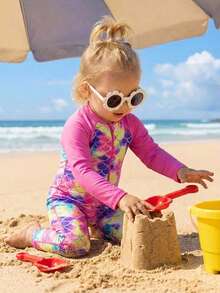 SHEIN This 1-Piece Baby Girl Long-Sleeved Swimsuit Features A Cute And Versatile Mermaid Pattern, Perfect For Casual Vacations And Spring/Summer. - Multicolor - View 1