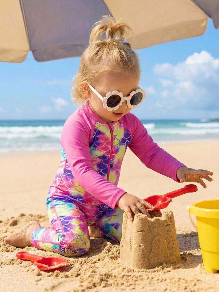 SHEIN This 1-Piece Baby Girl Long-Sleeved Swimsuit Features A Cute And Versatile Mermaid Pattern, Perfect For Casual Vacations And Spring/Summer. - Multicolor - View 1