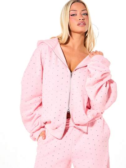 SUMWON WOMEN Oversized Boxy Zip Through All Over Rhinestone Embellished Washed Hoodie Hood And Centre Pocket Casual Comfortable For Valentine's Day